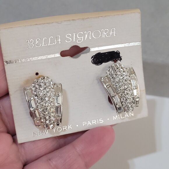 Vintage Rhinestone Silver Tone Clip On Earrings Bella Signora Baguette Round - Picture 9 of 9